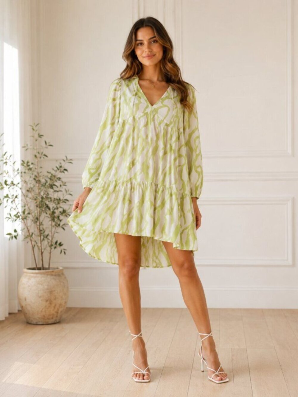 Zara Green White Abstract Print Cotton Babydoll Dress Flowy Resort Mini Dress